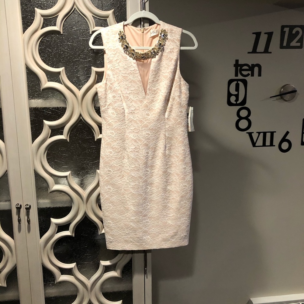 Lace Dress with Embellished Neckline